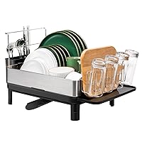 Dish Drying Rack, Large Stainless Steel Dish Racks for Kitchen Counter with Drainboard, Dish Rack with Adjustable Spout, Movable Cutlery Holder, Dish Drainers for Knives, Forks and Cups, Silver&Black