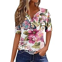 Wummer T Shirts for Women, Floral Print Daily Weekend Fashion Regular Top Basic Button V- Neck Short Sleeve