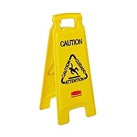 Rubbermaid Commercial Products Multilingual Caution Sign, 26-Inch, Yellow, 2-Sided, High Visibility Floor Warning Sign for Public Spaces