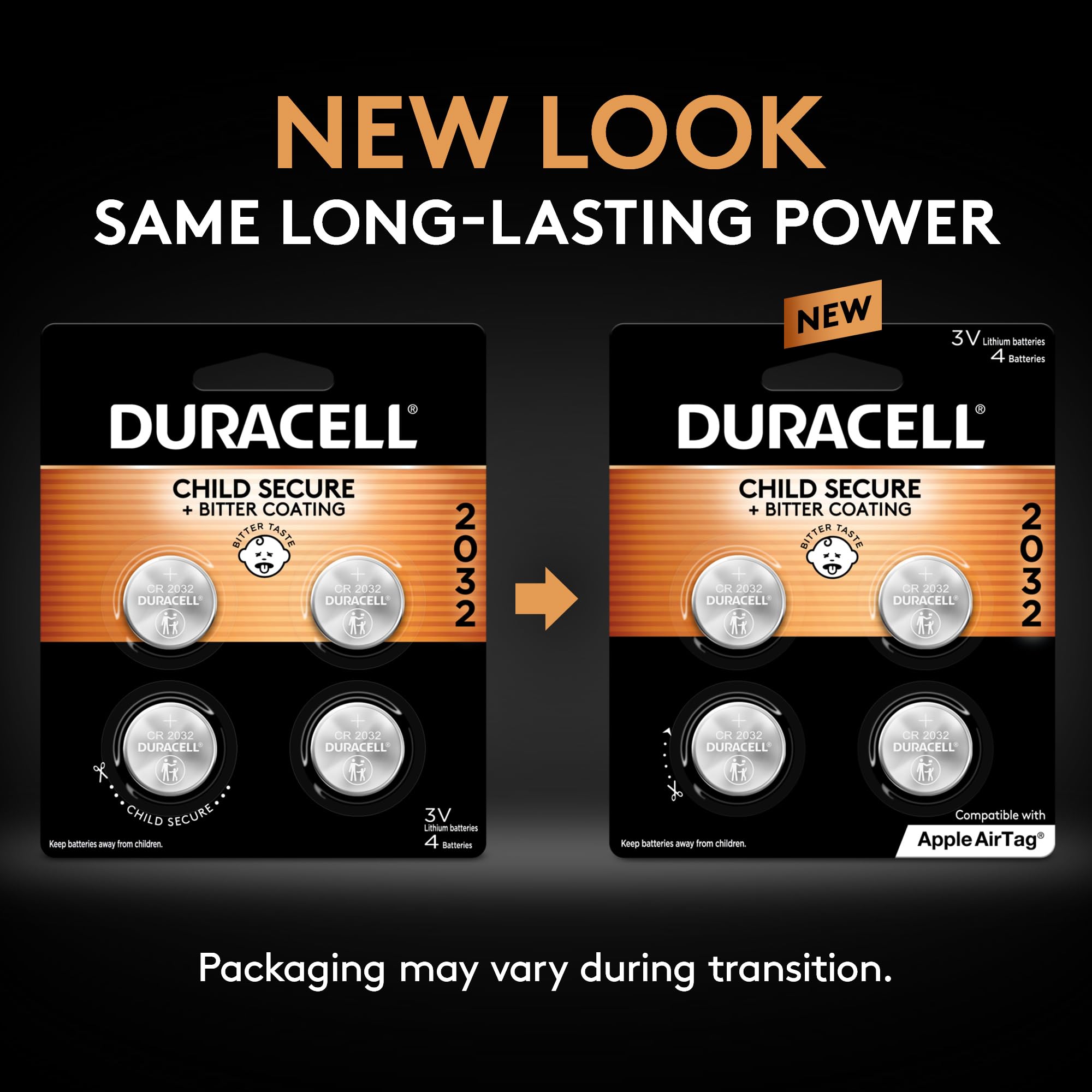Duracell CR2032 3V Lithium Battery, Child Safety Features, 4 Count Pack, Lithium Coin Battery for Key Fob, Car Remote, Glucose Monitor, CR Lithium 3 Volt Cell