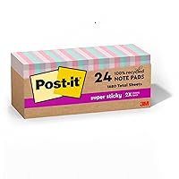 Post-it 100% Recycled Paper Super Sticky Notes, 2X The Sticking Power, 3x3 in, 24 Pads/Pack, 70 Sheets/Pad, Wanderlust Pastels Collection (654R-24SSNRPCP)