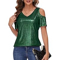 Womens Glitter Metallic Tops Sexy Cold Shoulder V Neck Sparkly Dressy Party Concert Blouse