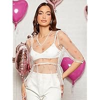 Women's Tops Sexy Tops for Women Shirts Heart Print Sheer Mesh Top (Color : White, Size : X-Small)