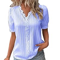 Plus Size Women Pleated Textured Lace Trim T-Shirts Summer Puff Short Sleeve V Neck Fashion Casual Solid Tee Tops