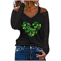 Saint Patricks Day Shirts for Womens Sexy Cold Shoulder Heart Green Clover Print Shirts Blouse Breathable Loose Tee Tops