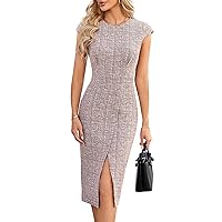 JASAMBAC Women's Wear to Work Dresses for Special Occasions Cute Tweed Midi Dress Pink Short Sleeve Church Dress Elegant Cocktail Pencil Dress M