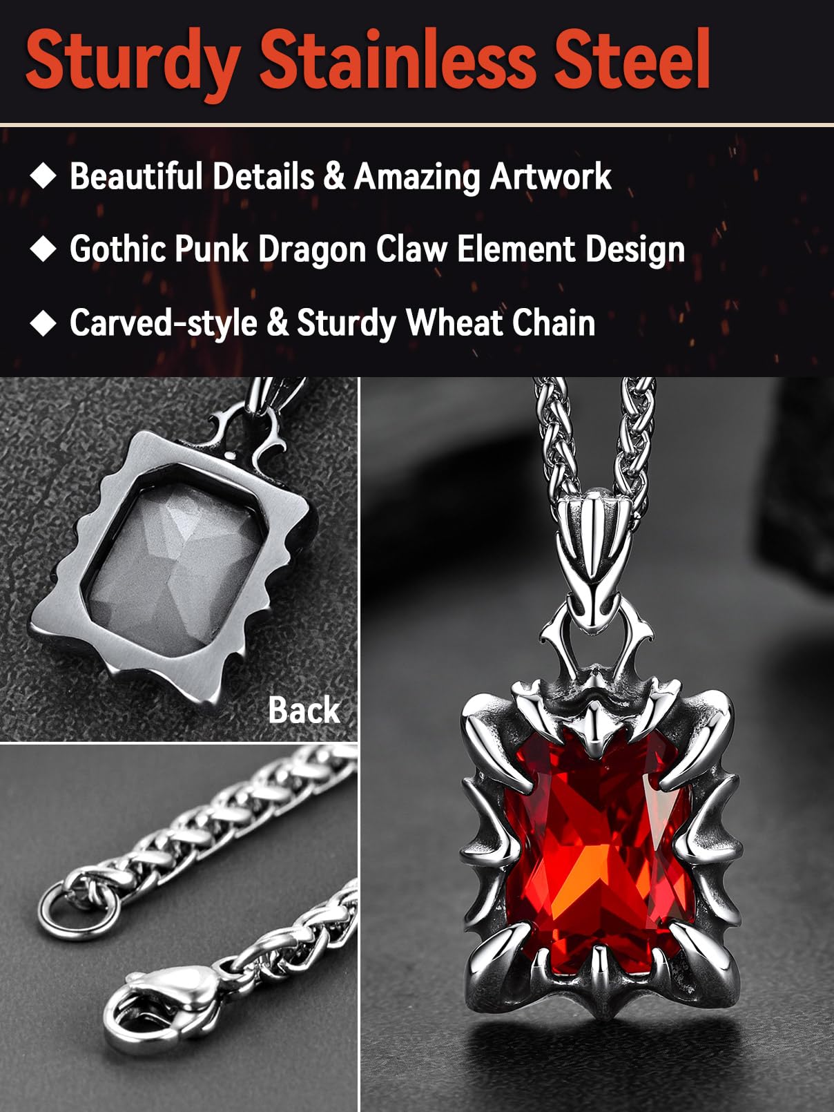 FaithHeart Gothic Dragon Claw Necklace for Men, Punk Biker Stainless Steel Amulet Pendant with Black/Red/Green/Blue Gemstone, Gift Box