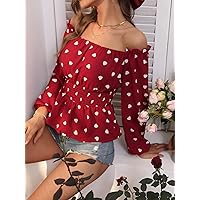 Women's Shirts Women's Tops Shirts for Women Heart Print Off Shoulder Lantern Sleeve Peplum Blouse (Color : Red, Size : Small)