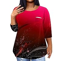 Women's Plus Size Tunic Tops Oversized Tshirts for Women Gradient Color Novelty Casual Fashion Loose with 3/4 Sleeve Round Neck Blouses Red 4X-Large