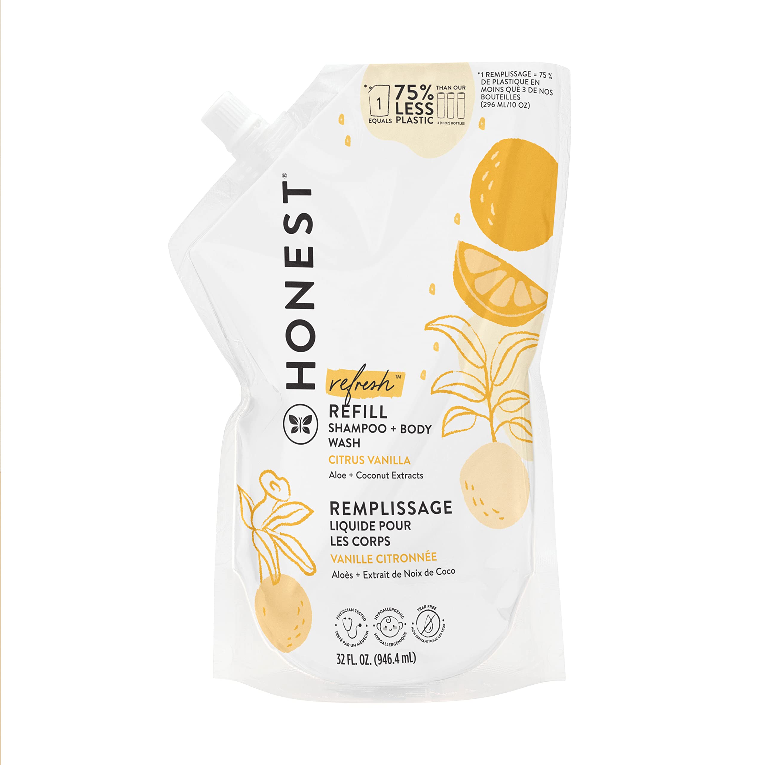 The Honest Company 2-in-1 Cleansing Shampoo + Body Wash Refill Pouch | Gentle for Baby | Naturally Derived, Tear-free, Hypoallergenic | Citrus Vanilla Refresh, 32 fl oz