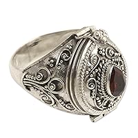 NOVICA Artisan Handcrafted Garnet Solitaire Locket Ring .925 Sterling Silver Red Single Stone Indonesia Birthstone Balinese Traditional 'Secret Love'