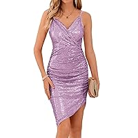 GRACE KARIN Women's Sexy Sequin Ruched Cocktail Party Dress Spaghetti Straps V-Neck Sparkly Glitter Bodycon Dress