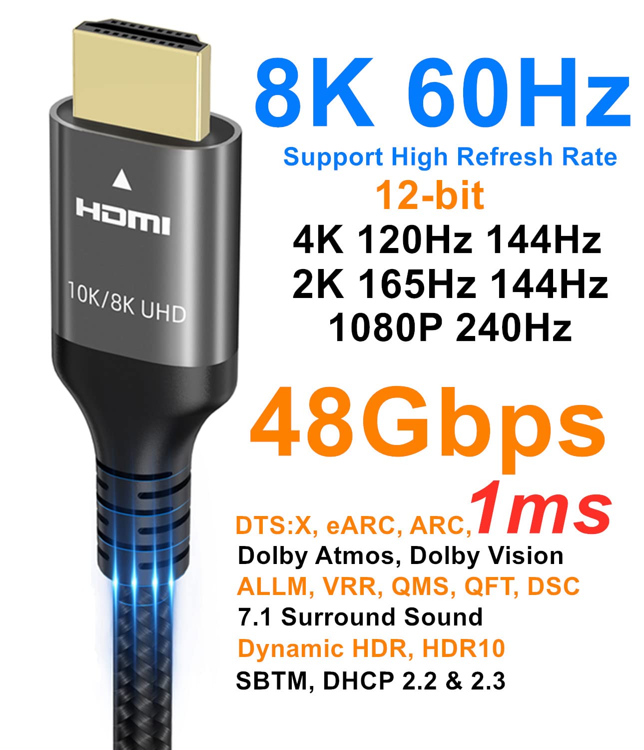 10k 8k 4k HDMI 2.1 Cable 10FT, Certified 48Gbps 1ms Ultra High Speed HDMI Cable 4k 120Hz 144Hz 10k 8k 60Hz 4:4:4 12bit eARC ARC DTS:X Dolby Atmos HDR10 Compatible for Samsung Sony LG Mac PS5 Xbox