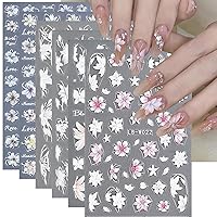 6 Pcs Flower Nail Art Stickers Decals- White Flower Nail Stickers for Nail Art 3D Self-Adhesive Embossed Camellia Spring Nail Decals Laser Leaf Floral Sliders for Nails Summer Manicure Accessories