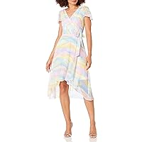 DKNY Women's Short Sleeve Asymmetrical Hem Faux Wrap Dress, Pastel Multi, 10