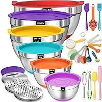 Umite Chef Mixing Bowls with Airtight Lids, 26Pcs Stainless Steel Bowls Set, 3 Grater Attachments & Colorful Non-Slip Bottoms Size 7, 4, 2.5, 2.0,1.5, 1QT, Great for Mixing & Serving
