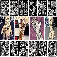 12 Sheet Henna Tattoo Stencils kit, Temporary Tattoos Templates Hand Forearm Indian Airbrush Tattoo Stickers for Women Girls (Black)