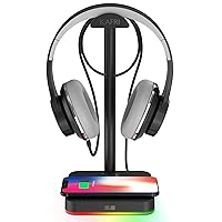 RGB Headphone Stand with Wireless Charger Desk Gaming Headset Holder Hanger Rack with 10W/7.5W Fast Charge QI Wireless Charging Pad - Suitable for Gamer Desktop Table Game Earphone Accessories