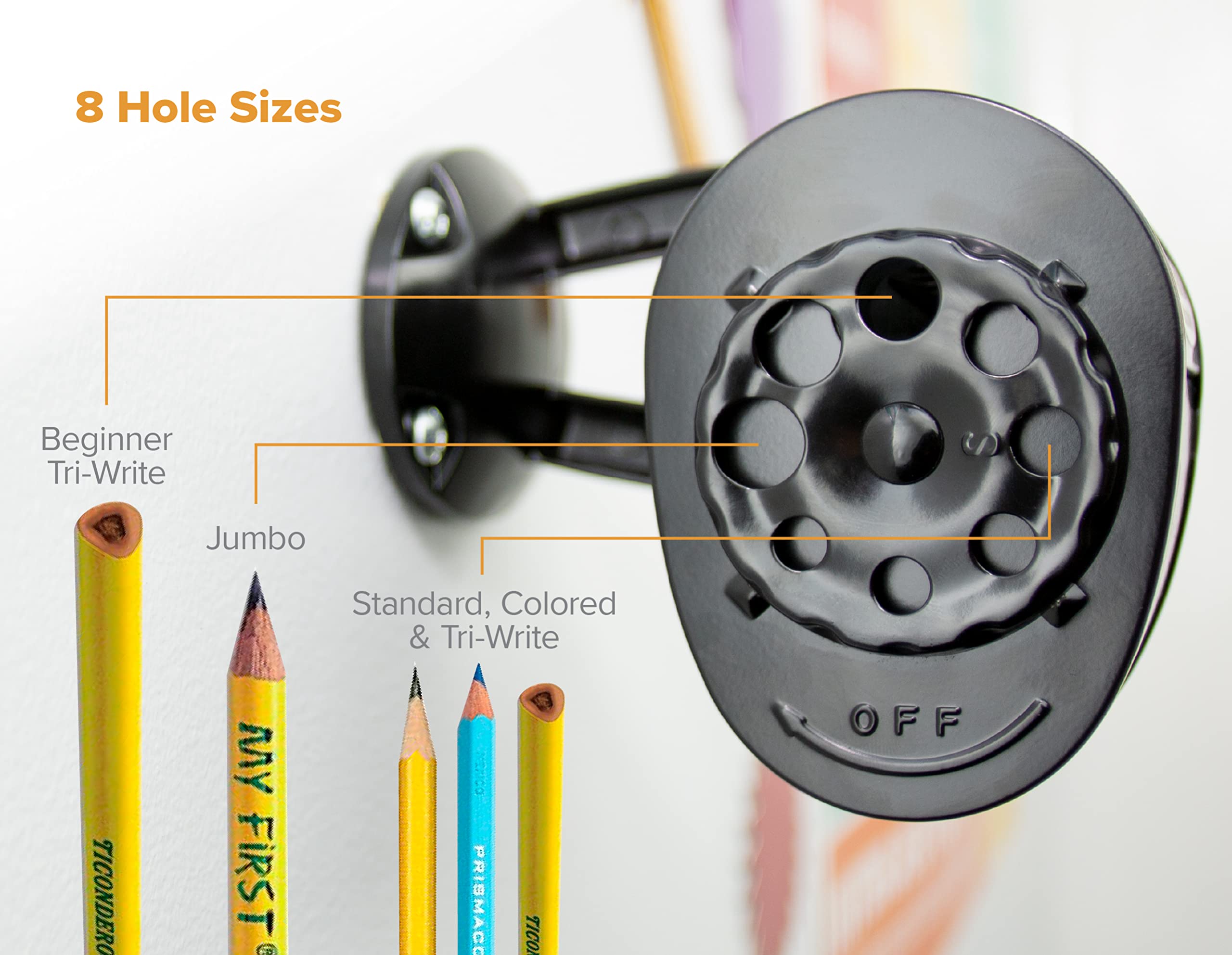 Bostitch Office Wall Mount Manual Pencil Sharpener, Tip Saver, 8 Hole Dial, 6X Longer Cutter Life, Vertical or Horizontal Mounting Black (MPS1-BLK)