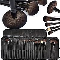 Fiber Bristle Makeup Brush Set with Black Leather Case- BLACK, 24 Pieces
