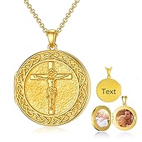 Personalized Large Round Crucifixion Cross Locket Necklace That Holds 2 Pictures Photo Silver/Gold Christianity Cross with Jesus Locket 1 Inch Photo Locket Gift for Woman Men