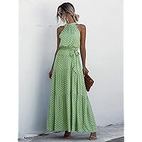 Women's Dress Dresses for Women All Over Print Belted Halter Dress Dresses (Color : Green, Size : Small)