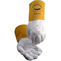 Caiman Premium Goat Grain TIG Welding Glove, 4-inch Gold Extended Cuff, Unlined, Kevlar Thread, 3-inch Carabiner, White, Large (1600-5)