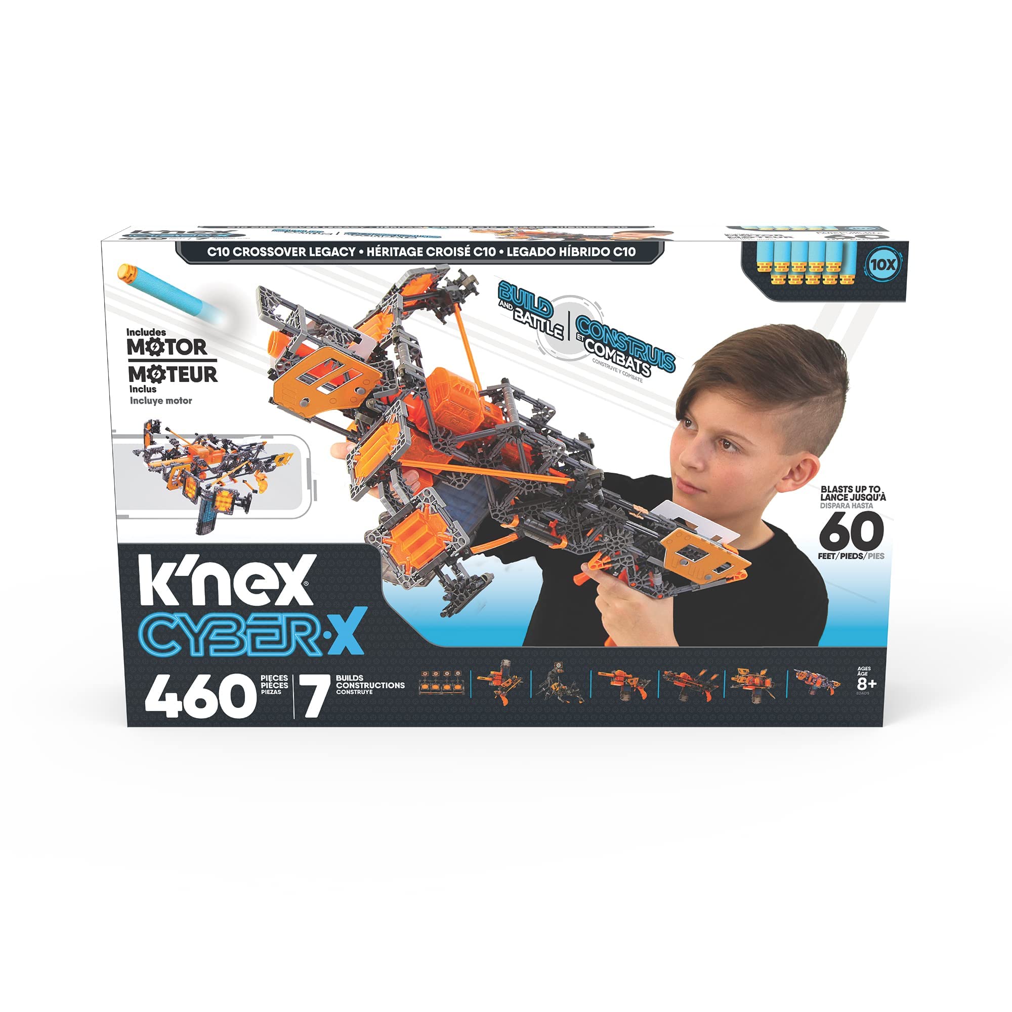 K'NEX Cyber-X C10 Crossover Legacy with Motor - Blasts up to 60 ft - 460 Pieces, 7 Builds, Targets, 10 Darts - Great Gift Kids 8+