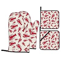 Red Lobster Print Oven Mitts Pot Holders Kitchen Mitts 4pcs Hot Pads Kitchen Baking Cooking Grilling