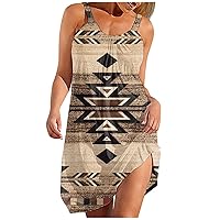 Western Sundress for Women Vintage Aztec Ethnic Style Geometric Feather Print Sleeveless Tank Dress Summer Casual Beach Dress