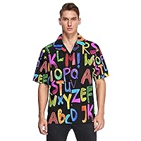 Watercolor Alphabets Cartoon Men's Hawaiian Shirts Short Sleeve Button Down Vacation Mens Beach Shirts