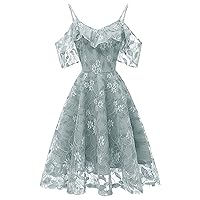 QIGUANG Women Lace Ruffle Trim Cold Shoulder Short Sleeve Evening Dress Summer Spaghetti Strap High Waist 1950s Midi Dress