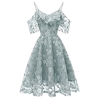 Women Vintage Off Shoulder Lace Rose Embroidered Floral Evening Dress V Neck Wedding Cocktail A Line Midi Party Dresses