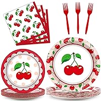 100 Pcs Cherry Fruit Party Supplies Tableware Set Summer Tropical Picnics Dinnerware Set Disposable Paper Plates Napkins for Baby Shower Birthday Party Decoration for 25 Guests