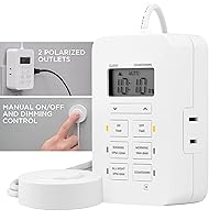 UltraPro Indoor Plug-in Dual-Outlet Digital Dimmable Timer with Tether, daily presets, personal ON/OFF programs, 24-hour countdown, tether with 5ft. Cord, 2 polarized outlets – 50016, white