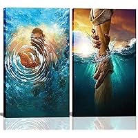 2 Pcs Framed Jesus wall art The Hand of God Jesus Reaching Into Water Christ Religion Canvas Wall Decor Blue Ocean Bible Pictures Posters Prints Paintings for Living Room Bedroom Church Decorations
