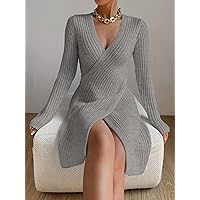 Women's Fashion Dress -Dresses Ribbed Knit Crossover Sweater Dress Sweater Dress for Women (Color : Gray, Size : Medium)