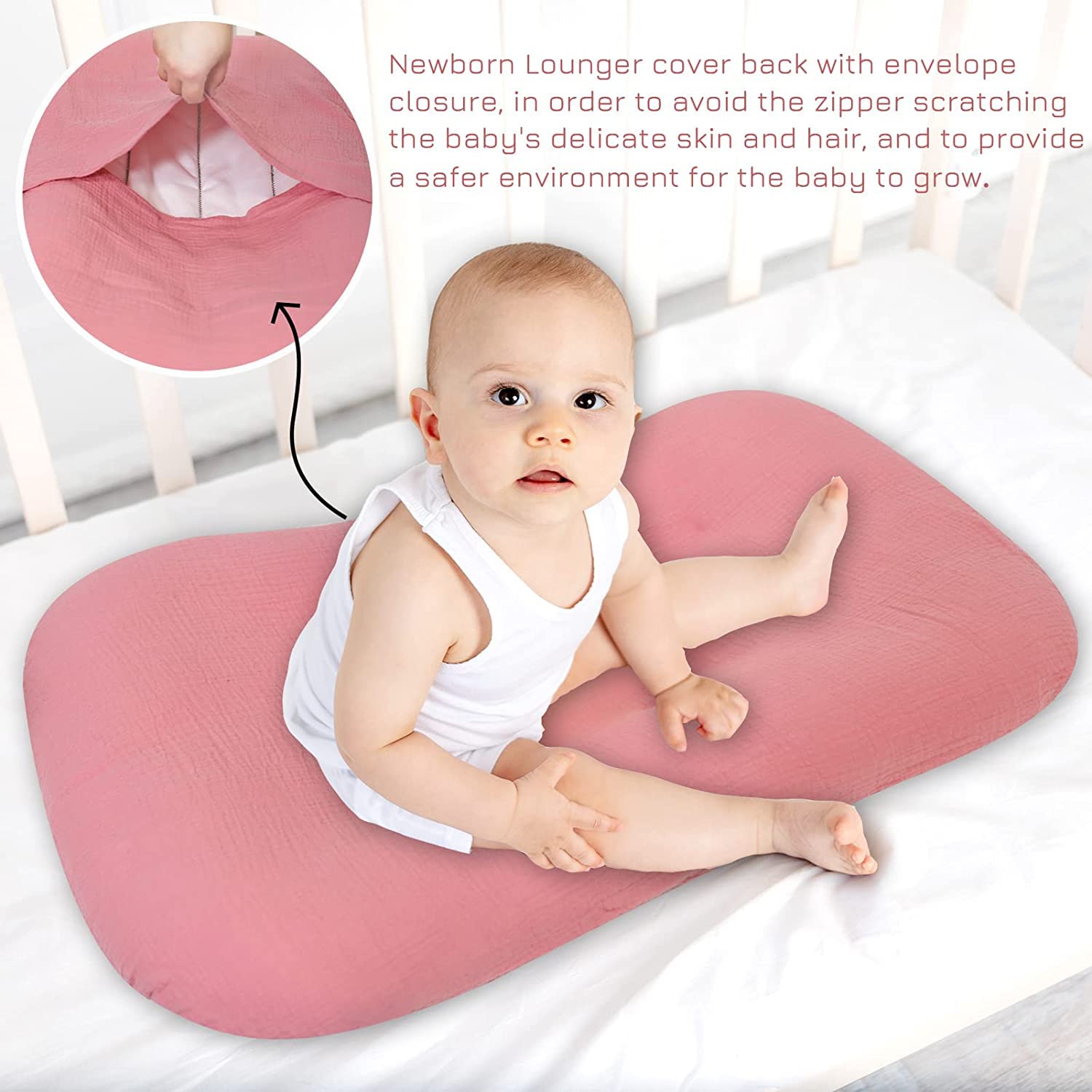 Muslin Baby Lounger Cover 2 Pack, Organic Cotton Removable Slipcover for Newborn,Baby Padded Lounger Infant Floor Seat Cover for Boys Girls (Gray Flesh Pink)