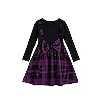 WDIRARA Toddler Girl's Plaid Bow Front Ribbed Knit Round Neck Long Sleeve A Line Dress