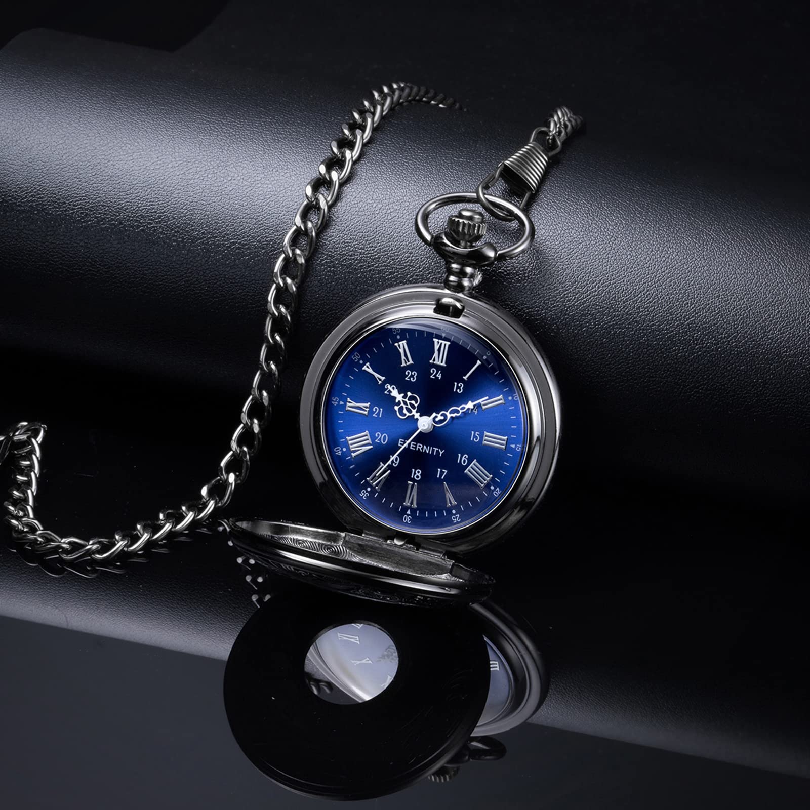 BOSHIYA Vintage Pocket Watch with Chain, Mens Quartz Bronze Pocket Watch with Roman Numerals Scale and Unique Blue Dial Apply to Christmas Graduation Birthday Gifts Fathers Day