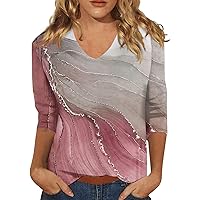 Womens 3/4 Sleeve Summer Tops 2024 Trendy V Neck Shirt with Three Quarter Length Sleeves Tunic Tops Basic Blouses