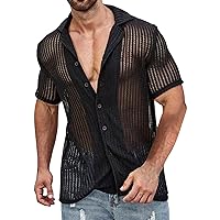 Mens Button Down Knit Shirt Short Sleeve Summer Casual Breathable Crochet Hollow Out Shirts Textured Beach Shirts
