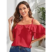 Women's Shirts Women's Tops Shirts for Women Cold Shoulder Ruffle Detail Solid Top (Color : Rose Red, Size : Large)