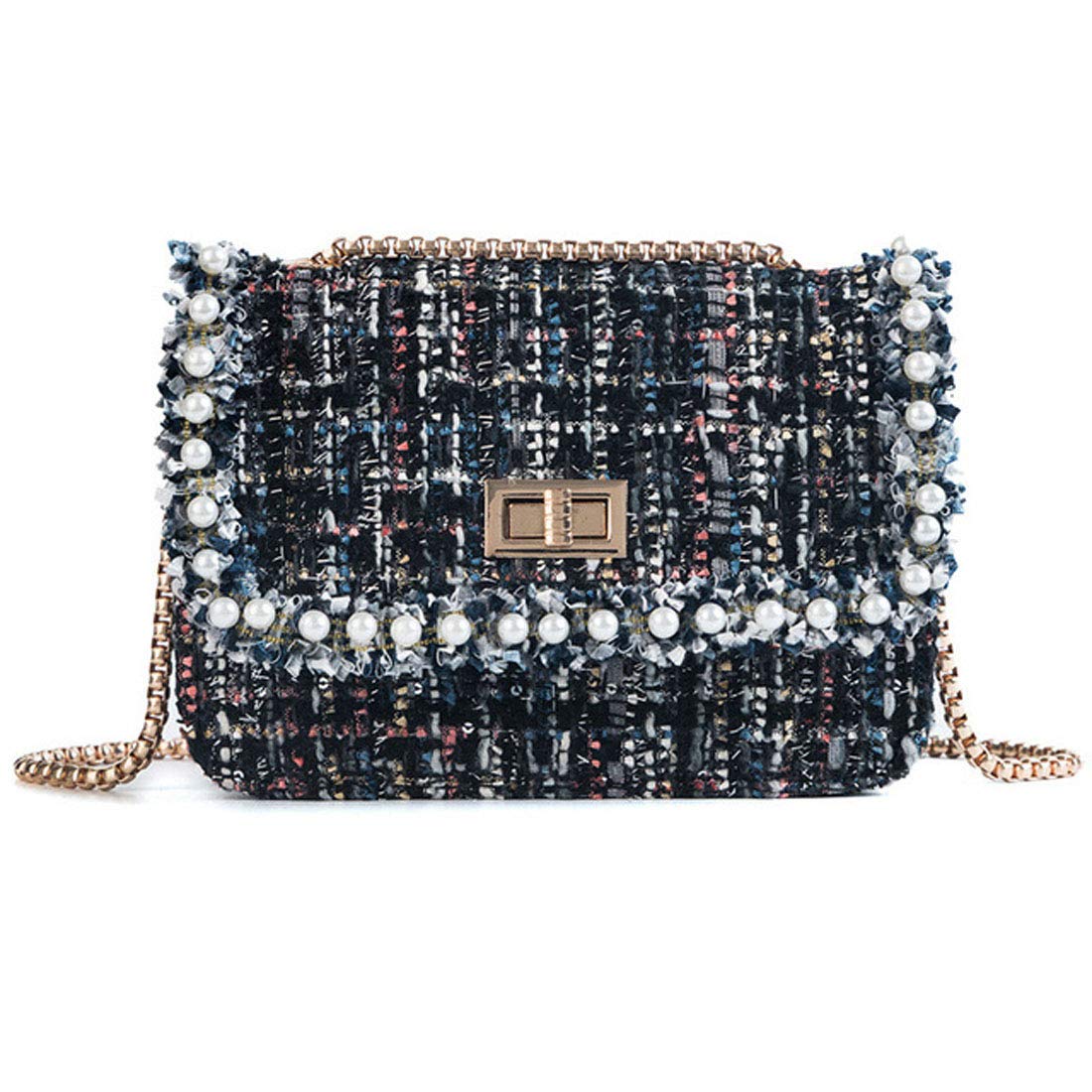 Globalwells Chain Handbags with pearl For Women Shoulder Bag Woolen Fabric Messenger Bag Clutch Evening Bag