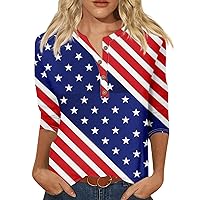 4Th of July Tops for Women Classic Patriotic Flag Graphic Tees Summer 3/4 Sleeve Crew Neck Blouses Button Down Shirts
