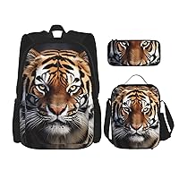 3 Pcs Tiger Print Backpack Sets Casual Daypack with Lunch Box Pencil Case for Women Men