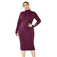 Women's Solid Color Plus Size Sweater Dress Button Long Sleeve Stretch Slim High Neck Knit Dress