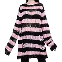 Women's See Through Hole Ripped Striped Long Knit Pullover Dress Sweaters Shirt