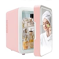 Portable Mini Fridge for Skincare and Makeup - 4L Cooler or Warmer with Lighted Glass Surface for Bedroom or Vanity - Pink