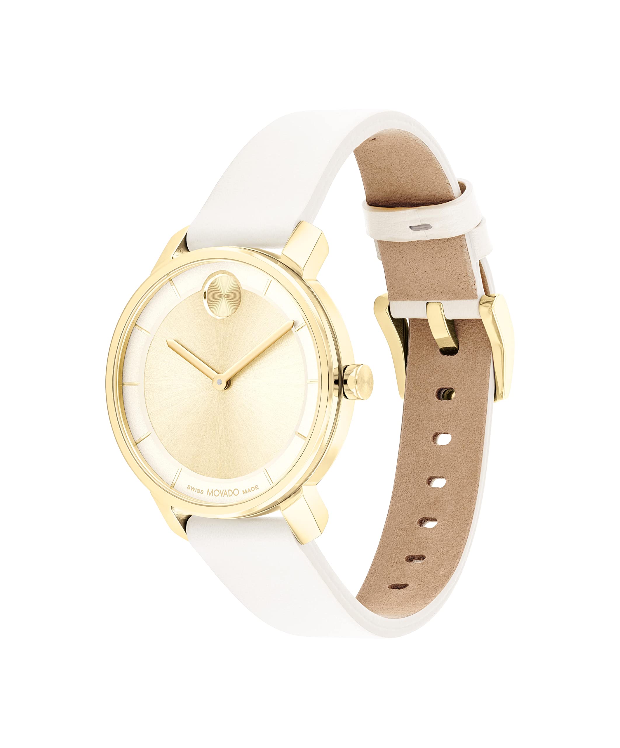Movado Bold Access Women's Swiss Quartz 3600963 Ionic Plated Light Gold Steel Case and Leather Strap Watch, Color: White